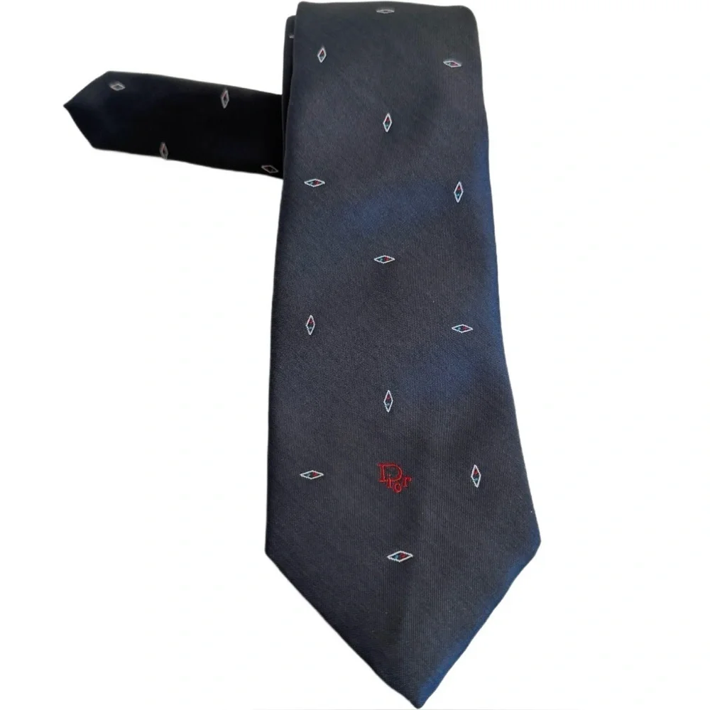 Vintage Christian DIOR Designer Neck Tie Striped Gray Diamonds Business Preppy